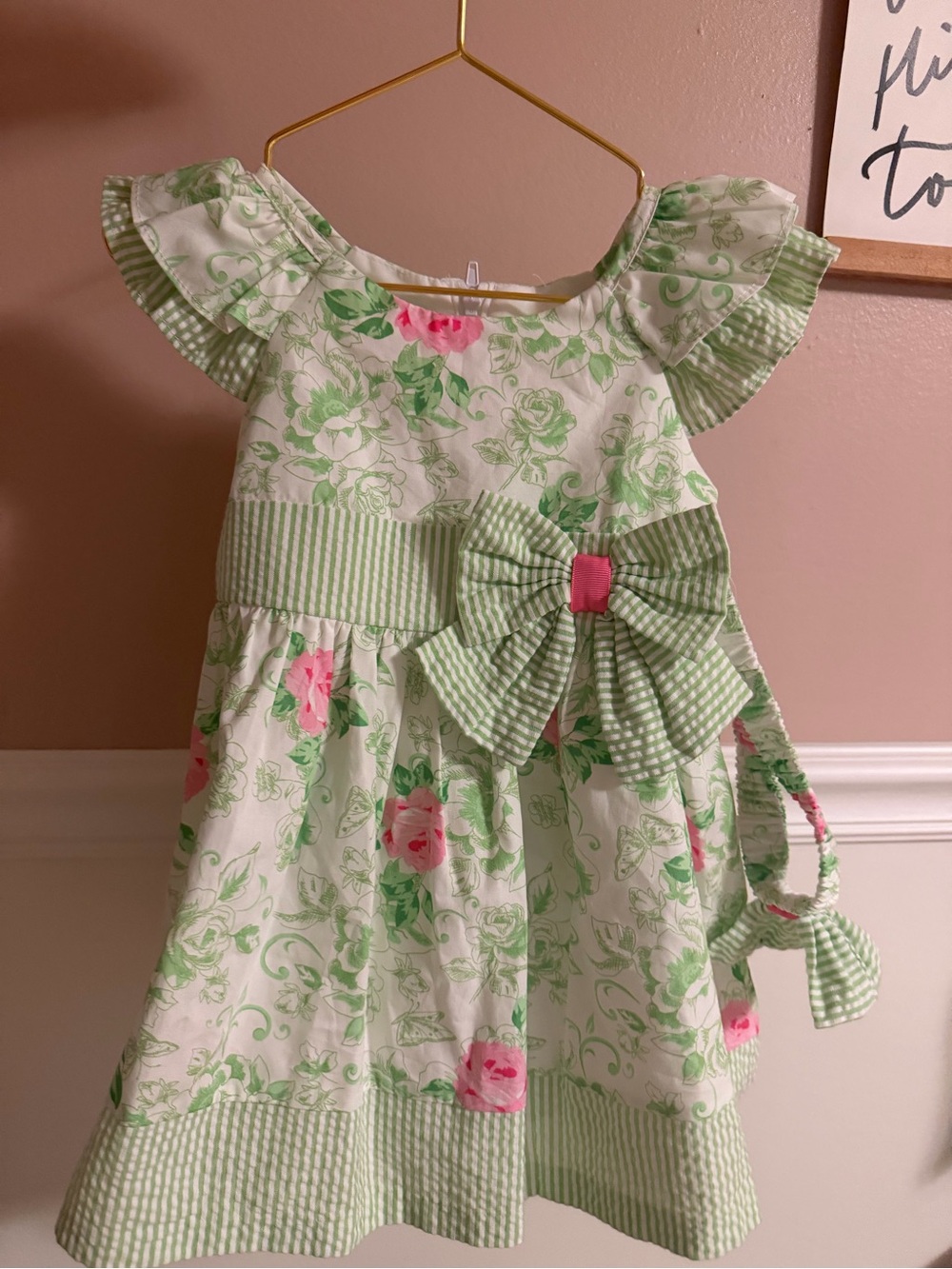 Bonnie Baby Green and Pink Floral Bow Dress